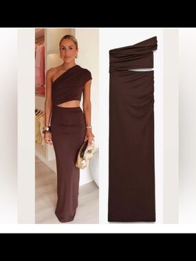Zara One-Shoulder Brown Cutout Maxi Dress